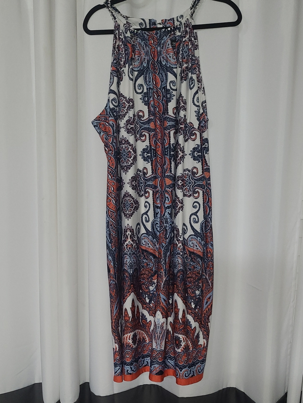 Paisley-Print Asymmetrical Maxi Dress in White, Navy & Orange